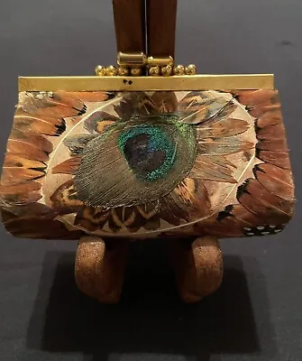 Vintage Handcrafted Peacock Feather And Leather Change Purse / 1970s • $17.99