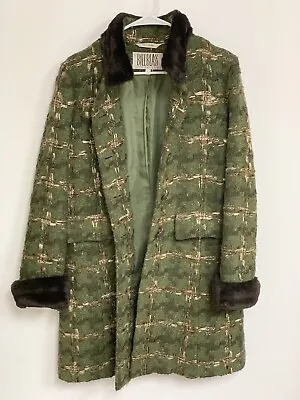 Vintage Bill Blass Green Coat Wool Blend Button Front Fur Collar & Cuffs Size 6 • $49.99