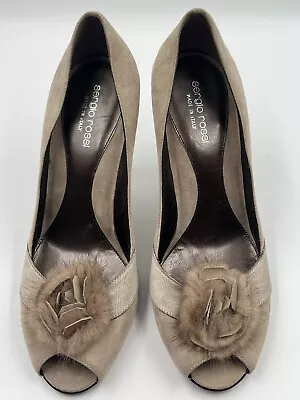 SERGIO ROSSI Open Toe 39 Pumps EU 39 US 9 Taupe Suede Shoes Mink Rosette Accent • $58.88