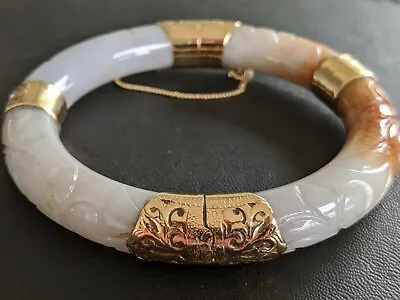 Vintage Ming's 14K Gold Chinese Carved White Jade Butterfly Motifs Bracelet 75g • $3999.99