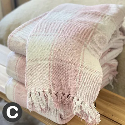 100% Cotton Blush Pink White Tartan Check Large Sofa Bed Throw Blanket Fringed • £11.95