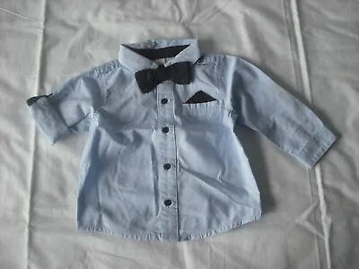Dymples Baby Boys Blue Roll Up Long Sleeve Shirt With Bow Tie 6 Months Formal • £2.99
