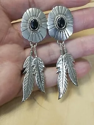 Vintage Navajo Style Feather/ Onyx Earrings Sterling Silver Post/Dangle NOS • $75