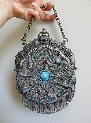 ANTIQUE 19th CENTURY STEEL SUEDE SILVER TONE MICRO BEAD CHATELAINE PURSE BAG SET • $189.99