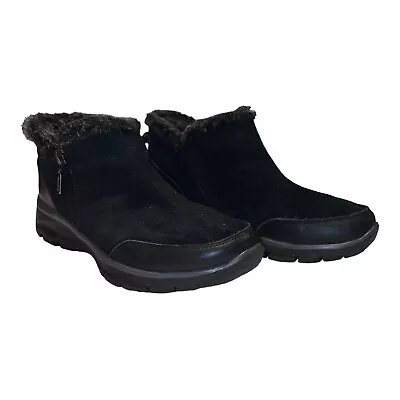 SKECHERS Womens Black Suede Relaxed Fit Easy Going Fur Lined Ankle Boots Sz 8.5 • $19.99