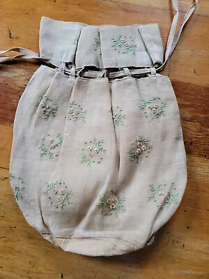 Antique Vtg Linen Embroidered Drawstring Bag Handbag Purse Button Flowers • $24