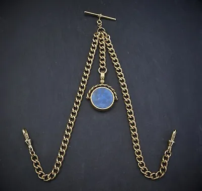 18ct Gold Plated Pocket Watch Double Albert Chain With Lapis Lazuli Spinner • £34.99