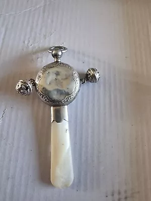 Antique Hallmar Silver Baby Rattle Teething Ring Mother Of Pearl Handle • £35