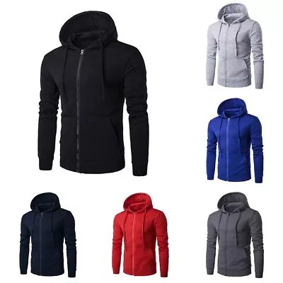 Hoodies Male Sweatshirt Solid Color Sports Winter Athletic Zip Up Casual • £17.21
