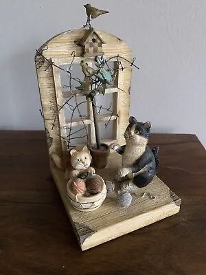 Vintage Playful Cats Bookend 3D Resin Yarn Balls Window Birds Metal Tree AS IS • $24.99