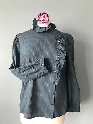 Tu Frilled Green New Romantic 1980's Style Blouse Offset Buttons Size 10 • £11.04