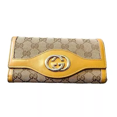 Gucci | Gold & Tan GG Signature Canvas W/ Leather Trim Continental Long Wallet • $120