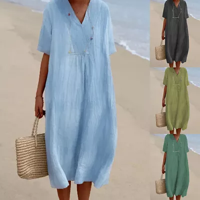 Ladies Cotton Linen V Neck Midi Dress Women Short Sleeve Loose Long Dress Party • £7.31