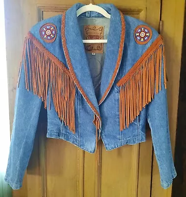 Vintage Fringed Denim Suede Jacket Frontier Collection M Beaded Western Cowgirl • $109.05