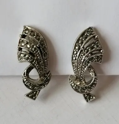 Vintage 1940s Earrings Marcasite Leaf Silver Tone Clip On Retro • £8.50