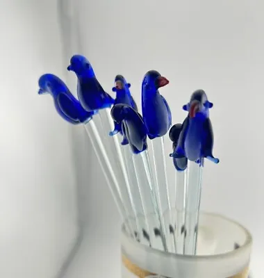7 Vintage Blue Penguin Glass Swizzle Stir Sticks Barware Different Styles • $51.30
