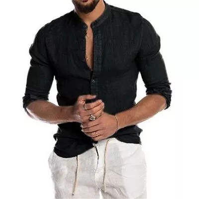 Men's Solid Color Linen Long Sleeve Shirt Cardigan Long Sleeve Men's Shirt • $16.84