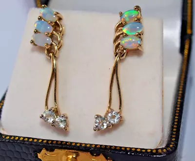 9 Ct Yellow Gold Jelly Opal & White Topaz Dangle Earrings 4.20 Grams • £150