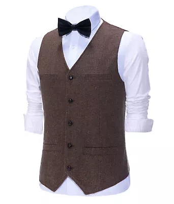 Mens Business Vest Vintage Herringbone Retro Groomsmen Wedding XS-3XL • $29.66