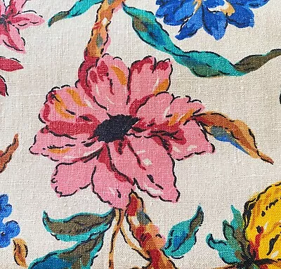 Vintage French Roller Printed Linen Fabric In Floral Design - 3 Yards  XX245 • $115