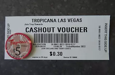 Tropicana $5 Casino Chip & Slot Voucher From Last Days Open In Las Vegas Closed • $5.30