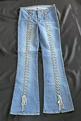 Vintage Mudd Denim Blue Jeans Lace Up Front Legs Flare Bell Bottom Size 7 • $60