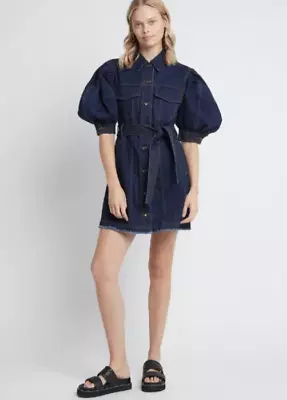 Aje Tori Belted Denim Dress Indigo Blue Size 10 Puff Sleeve • $290