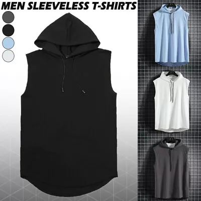 Men Gym Sleeveless Hoodie Fitness Sports Muscle Hooded Vest T-Shirt Tank Top • £5.69