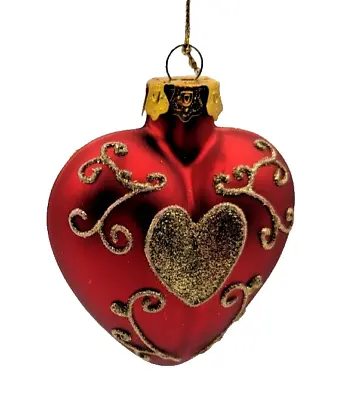 Red Heart Shaped Ornament With Gold Glitter Heart Design • $12.99