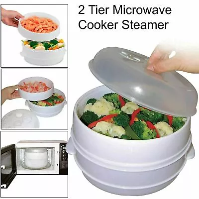 2 Tier Microwave Cooker Steamer Healthy Vegetables Rice Pasta Cooking Pot Pan • £8.29