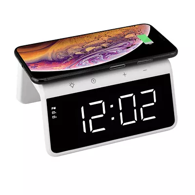 Dual Alarm Clock  W/USB 5V 10W QI Wireless Charger RGB LED Night Light White • $55