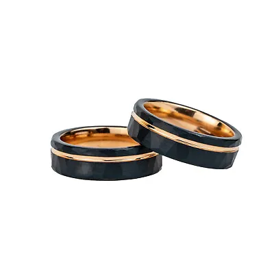 8/6 Mm Black Hammered Solid Tungsten Ring Gold Grooved Line Men Wedding Band • $95
