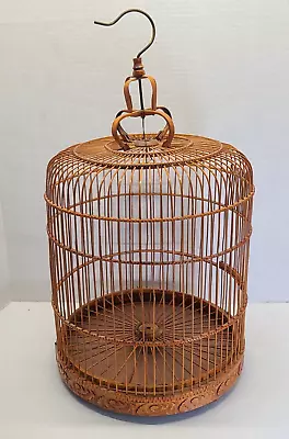 Vintage Round Carved Bamboo Wood Bird Cage Hang Tabletop Ornate Asia Chinese 23  • $250