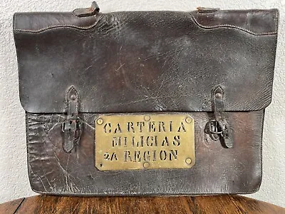 Antique Leather Postal Mail Carrier Messenger Bag Pouch Brass Spanish Military • $345