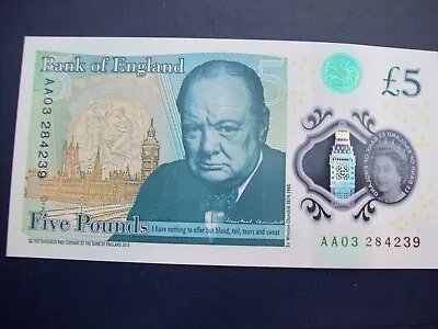 Bank Of England: 2017 One Uncirculated AA03 284239 Polymer £5 Banknote • £9.75