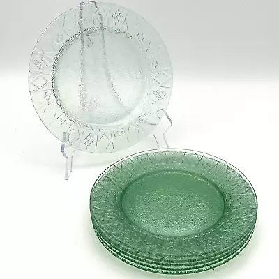 6 Vintage Green Glass Plates Textured Diamond Checker Embossed Rims 9 5/8  • $24