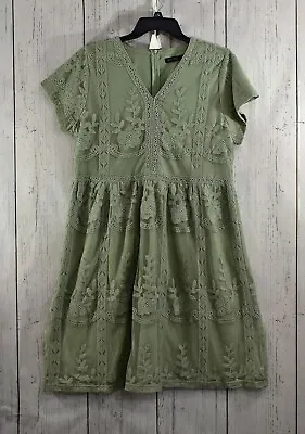 Women's Mikarose Olive Green XLARGE Dress Floral Crochet Short Sleeve V-Neck  • $30