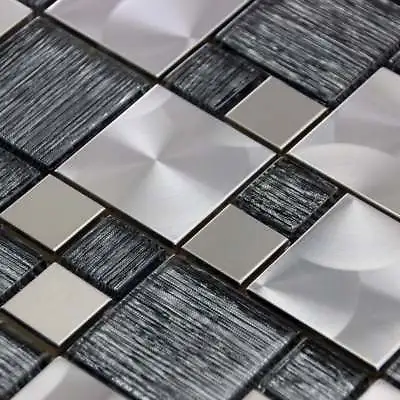 Luxury Textured Grey Glass & Brushed Steel Mix Mosaic Wall Tiles Sheet 8mm • £8.49