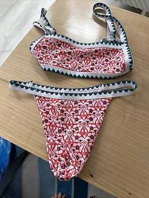 ZAFUL Bohemian Print Whip Stitch Tanga Bikini Swimwear - Rose Red Size Small • $22