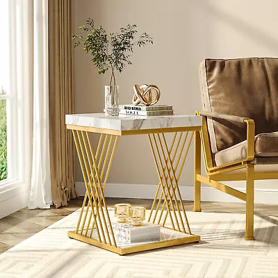 Tribesigns White Gold Modern Square End Table Faux Marble Accent Side Table • $67.14