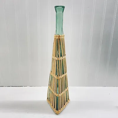 Vintage Green Glass Bottle Vase Weaved Wicker Wrapped 15” Triangle • $22