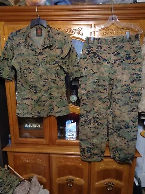 USMC MARPAT Uniform WOODLAND Combat Shirt & Pants MEDIUM SHORT MODIFIED & FADED • $69.75