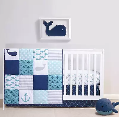 CRIB BEDDING SET Nautical With Quilt Sheet Skirt Nursery 3 Pcs • $64.99