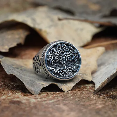Mens Stainless Steel Celtic Tree Of Life Band Ring Black Silver Size 7-15 Gift • $12.99