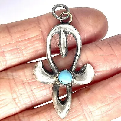 Navajo Squash Blossom Turquoise Pendant 1.75in Sterling Matte Pearls Naja Signed • £33.72