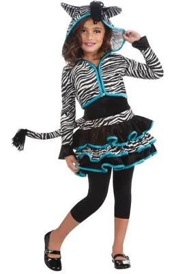 Girls Zebra Costume Kids S 4-6 Hoodie Ruffled Dress Up Halloween 80s Animal • $17.99