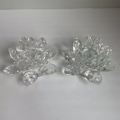 Pair Vintage Swarovski Cut Crystal Large Water Lilly Lotus Candle Holders • $28