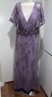 Mac Duggal 16 Purple Floral Flutter Lace Gown Liliac Violet Dress Beads Sequined • $398