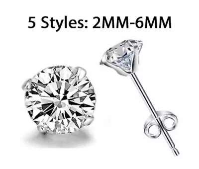 Surgical 316L Stainless Steel Stud Earrings Cubic Zircon Round Men Women 2PC • $4.89