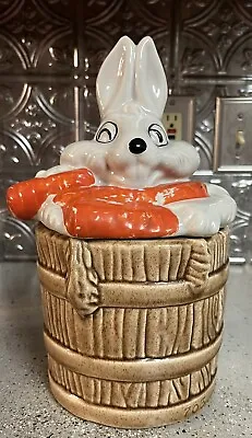 VTG White Rabbit Bunny In Barrel Cookie Jar Carrots USA 11.5” Tall  • $22